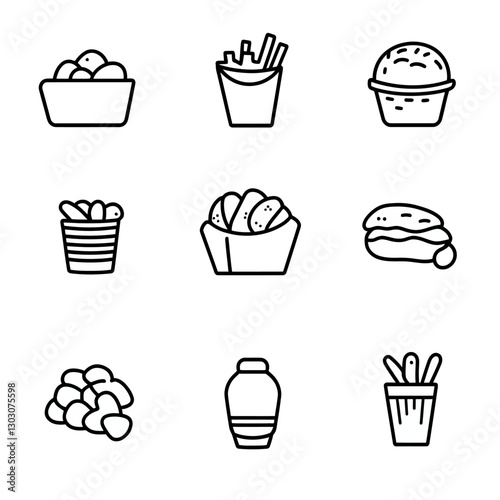 Fast Food Line Art Icons: Fries, Burger, Cupcake, Chicken Nuggets, More