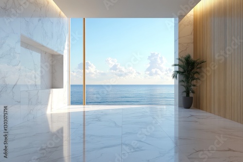 Modern marble interior with ocean view