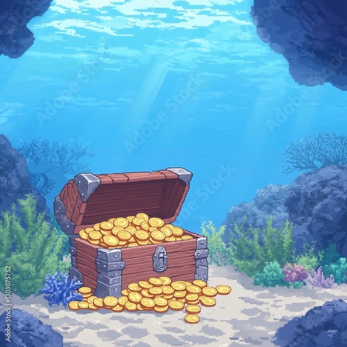Pixel Art Treasure Chest Underwater Surrounded by Colorful Coral and Marine Life