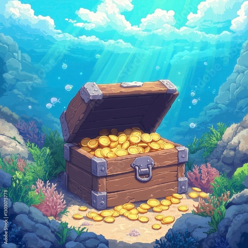 Pixel Art Treasure Chest Overflowing with Gold Coins Underwater in Vibrant Coral Reef