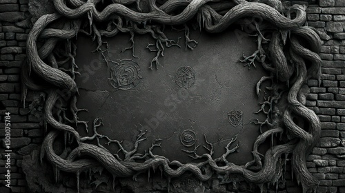 Dark stone wall vines frame ancient symbols