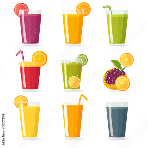 Colorful fruit juice assortment with oranges, grapes, lime and grapefruit