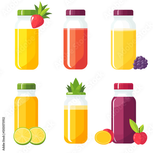 Assorted juice bottles with different fruit slices and colorful liquids