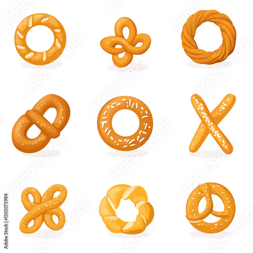 Cartoon pretzels assortment on a white background, food, and snack item