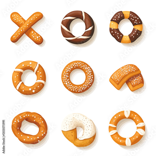 Assorted sweet soft pretzels arranged as a treat on a white background