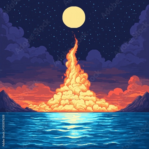 Pixel Art Majestic Sunset with Fiery Clouds and Tranquil Ocean Under a Starry Sky
