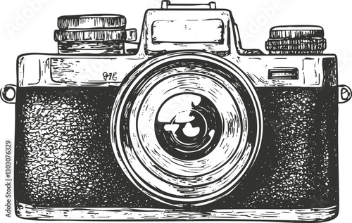 Vintage black and white illustration of a classic camera with intricate details.