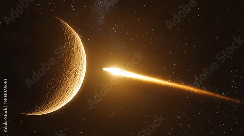 A comet with a vividly glowing tail passing close to a luminous planet