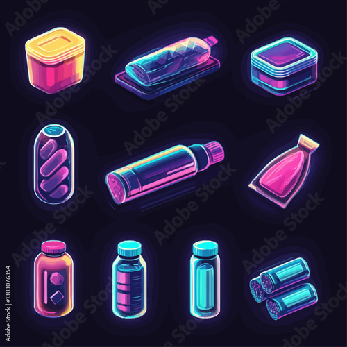 Neon Isometric Containers: Box, Bottle, Medicine, Supplement, and Cosmetics