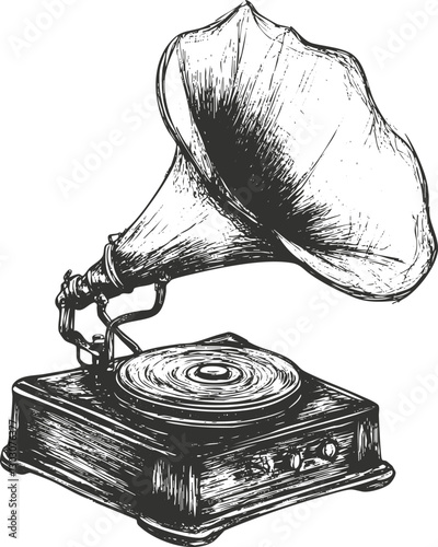 Hand-drawn illustration of a vintage gramophone with a large horn speaker.