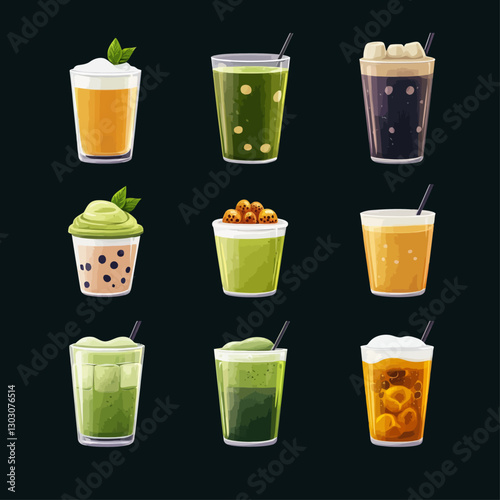 Collection of refreshing iced tea and boba drinks on a black background