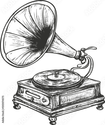 Vintage gramophone illustration with a large horn on a white background.