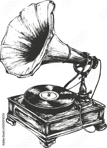 Vintage gramophone illustration with detailed etching and classic design elements.