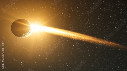A comet with a vividly glowing tail passing close to a luminous planet