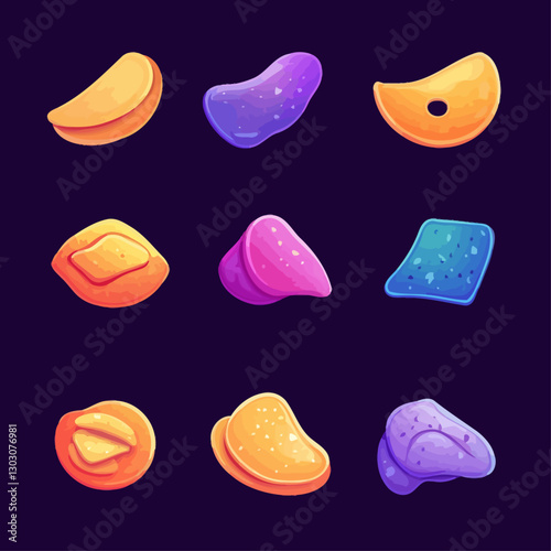 Assorted Cartoon Candy Set Isolated on Dark Background, Vector