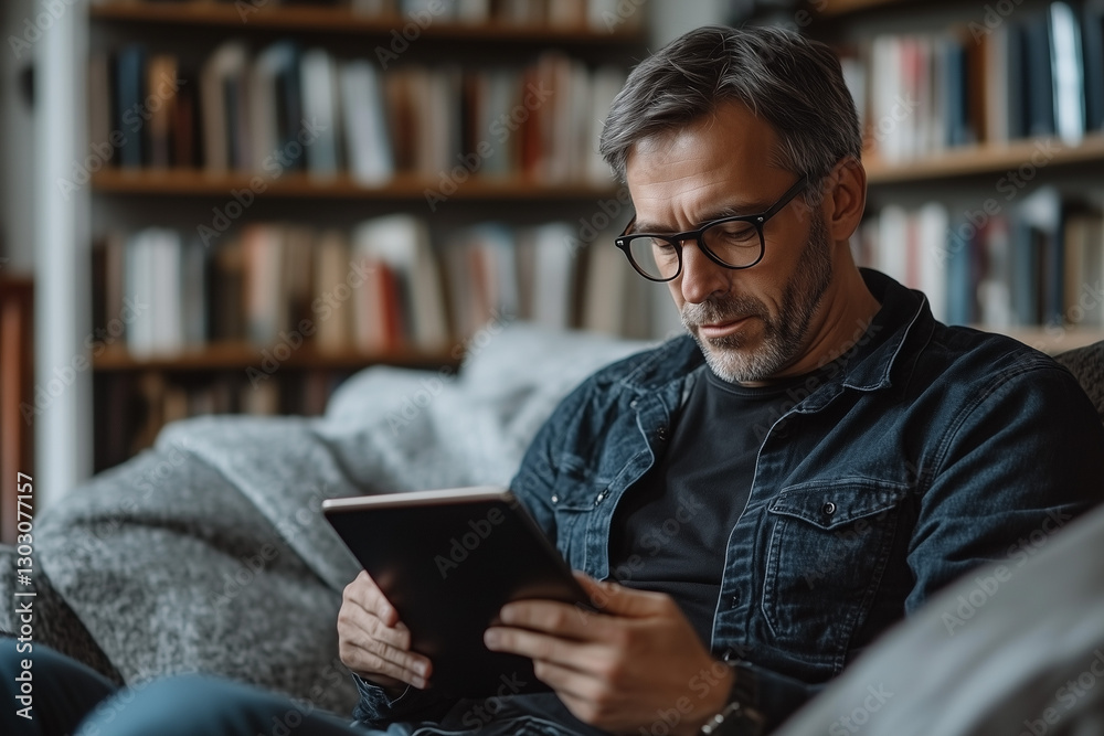 Middle-Aged Man Engrossed in Reading Tablet at Home Library Setting Middle-Aged Man Engrossed in Reading Tablet at Home Library Setting
