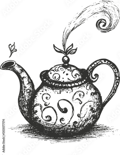 Ornate hand-drawn teapot with swirling steam in vintage style illustration.