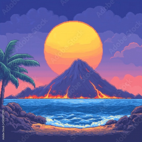Pixel Art Vibrant Sunset Over a Tropical Island with Active Volcano and Ocean Waves