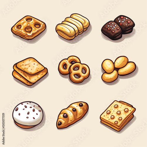 Assorted snacks, cartoon treats, crackers, pretzels, and chocolate sweets