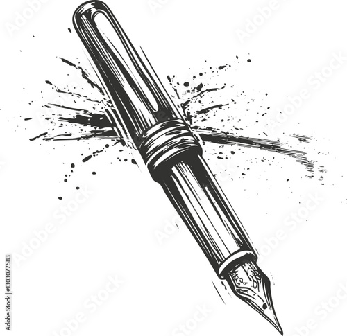 Black and white illustration of a fountain pen with ink splash.
