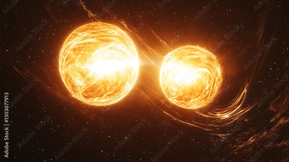 Obraz premium A cosmic view of a binary star system with swirling energy fields between the stars
