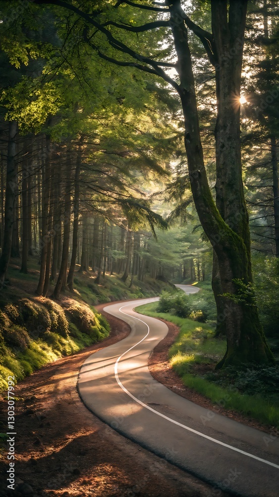 Fototapeta premium Serene Forest Path Sunlit Winding Road, Green Canopy, Nature Photography