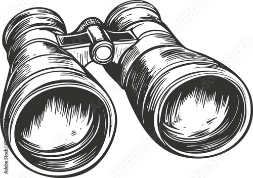 Vintage binoculars sketch in black and white illustration.