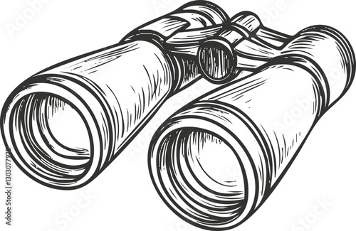 Hand-drawn sketch of vintage binoculars in monochrome illustration style.