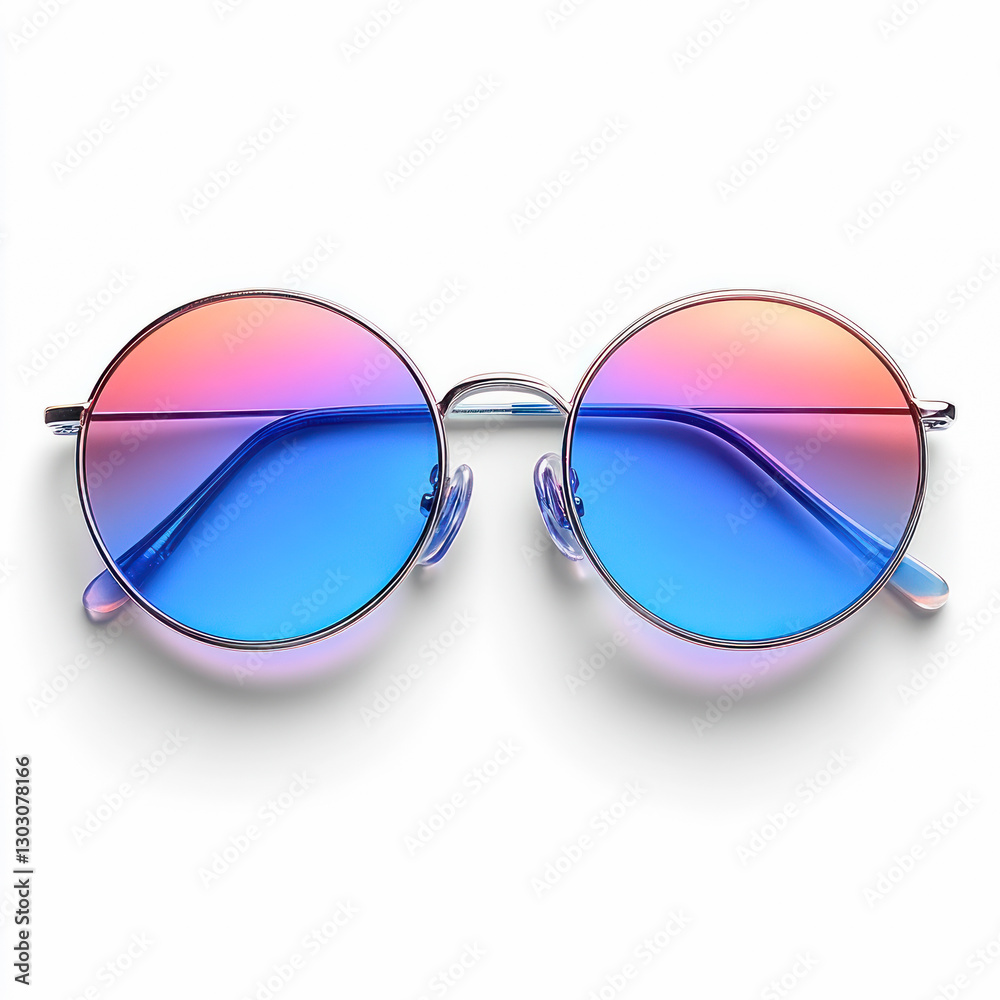 Fototapeta premium Stylish round sunglasses with vibrant blue and pink lenses for summer isolated on white background