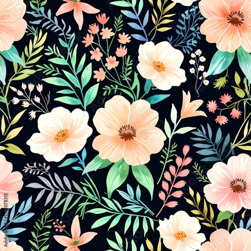 Wallpaper Mural Elegant Watercolor Floral Pattern: Peach and Mint Blooms on Dark Background Torontodigital.ca