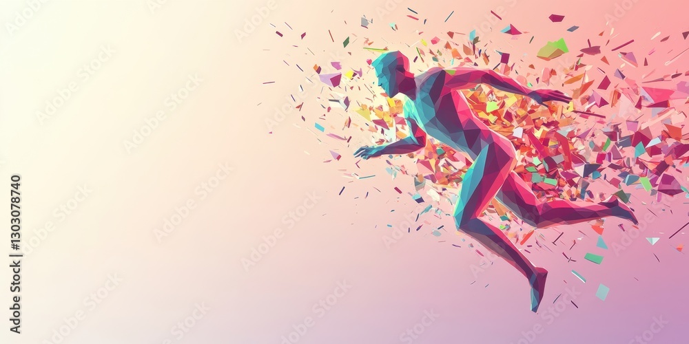 Fototapeta premium Abstract Polygonal Runner Exploding in a Burst of Color: Dynamic Energy and Movement