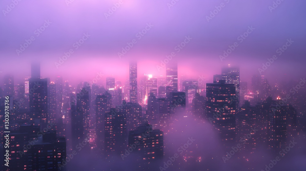 Obraz premium A cityscape obscured in vibrant purple and violet mist
