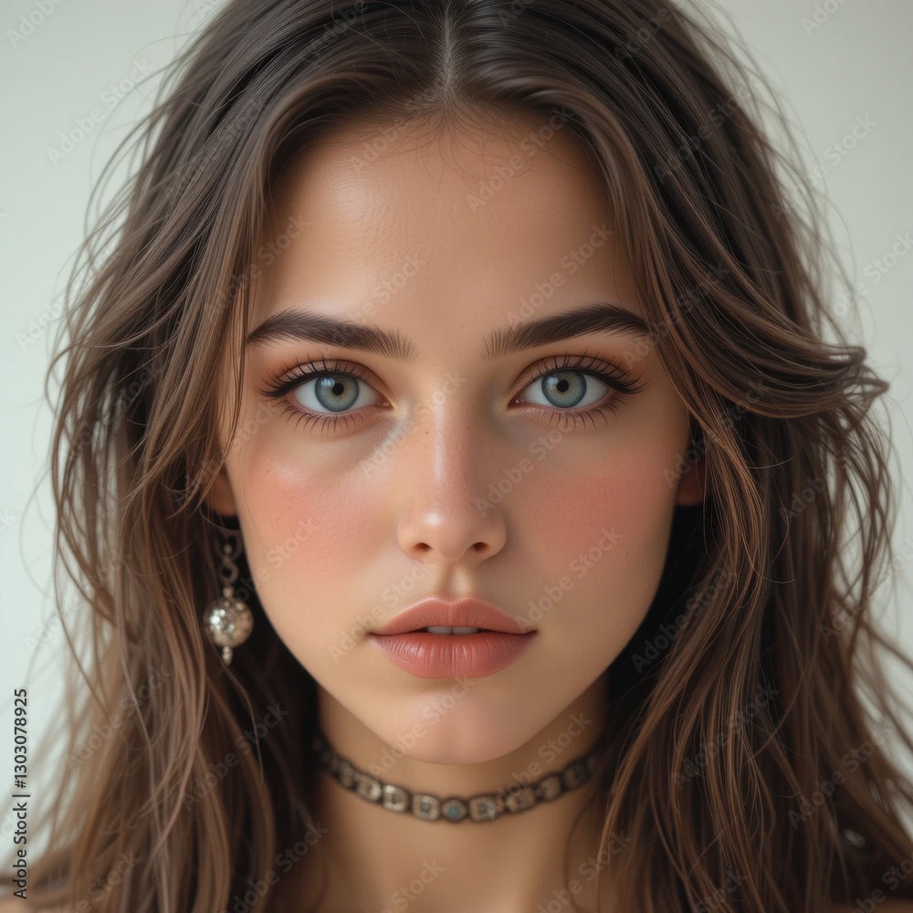 Obraz premium Beautiful young woman gazes intently, her captivating eyes and flowing brown hair radiating natural elegance and charm