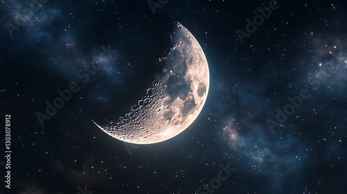 A crescent moon and a faint outline of a distant galaxy glowing softly in the sky