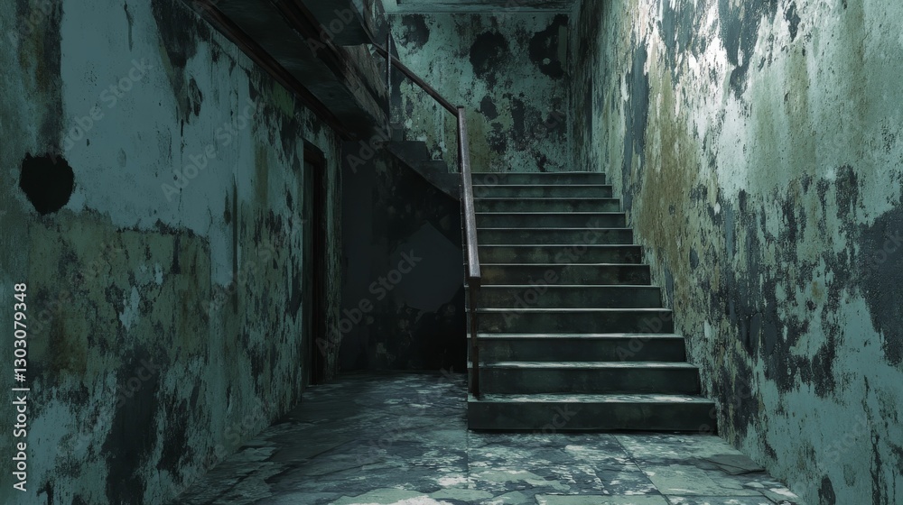 Fototapeta premium Derelict staircase dark ambiance peeling paint shadows.