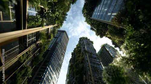 Ai-generated low angle of modern futuristic skyscrapers with lush greenery