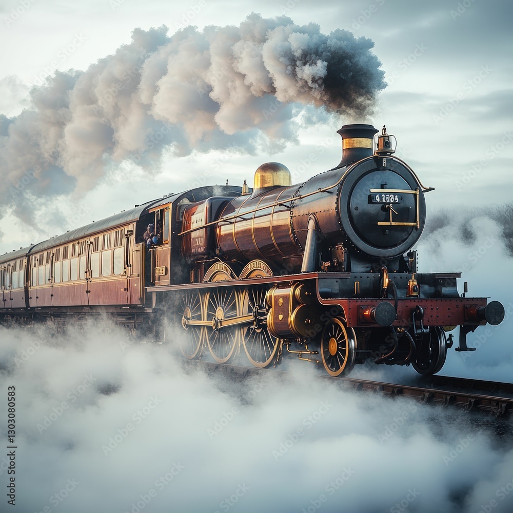Obraz premium Majestic steam train speeds through misty landscape