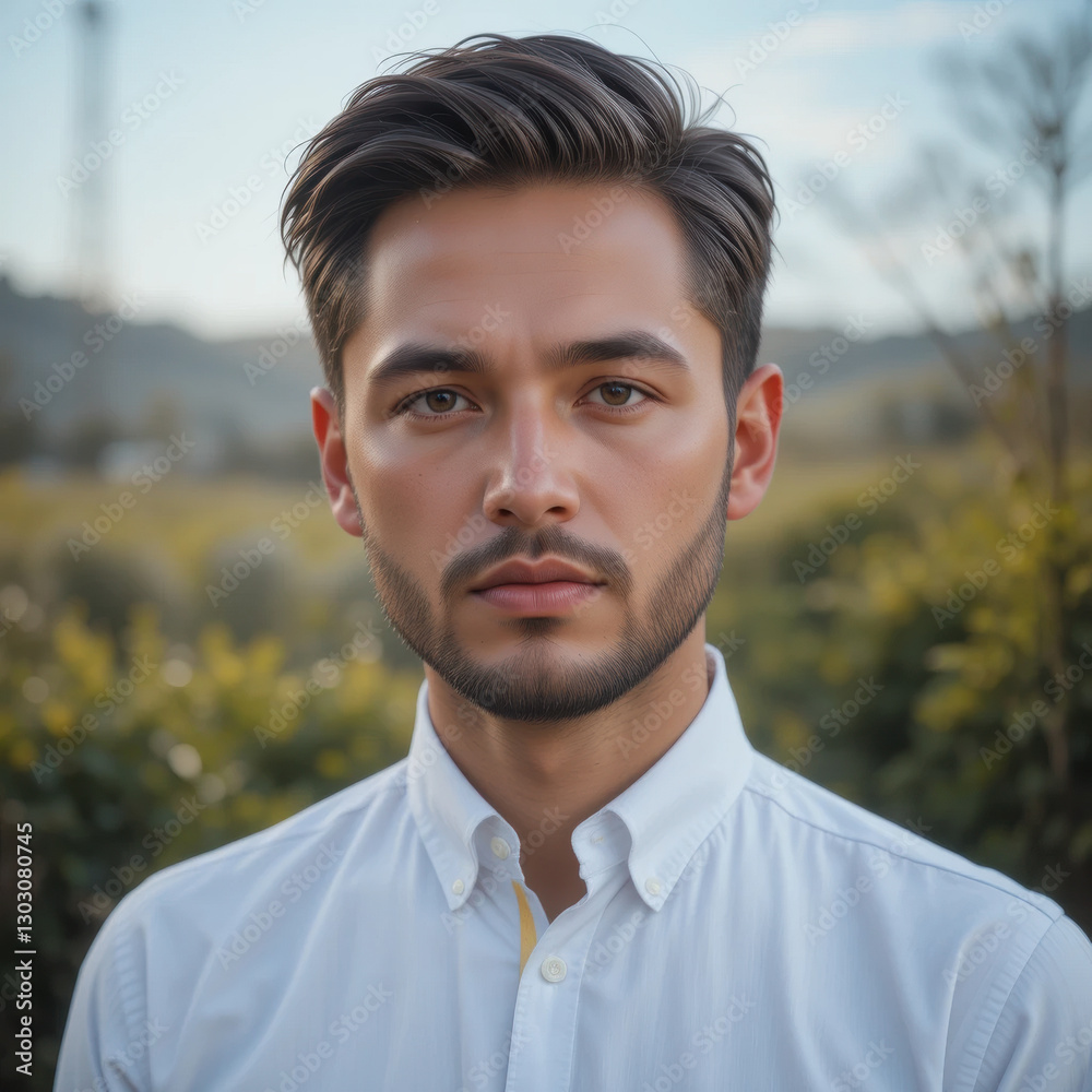 Young man in white shirt stands in field, looking confidently at camera with determination and self assurance Young man in white shirt stands in field, looking confidently at camera with determination and self assurance
