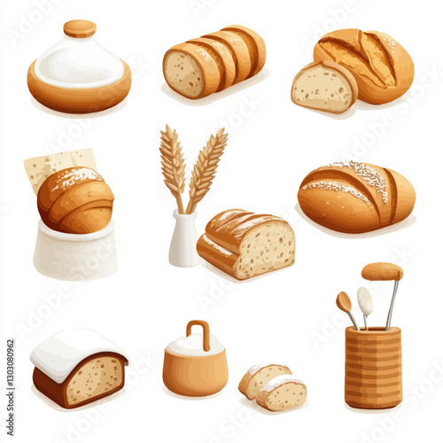 Artistic bread assortment with wheat and flour, baking concept art