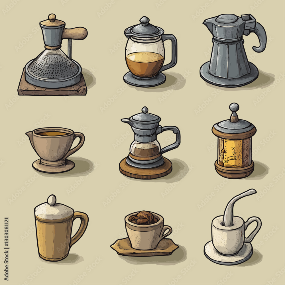 Coffee Still Life, Varied Brewing Styles, Retro Aesthetic, Morning Ritual Coffee Still Life, Varied Brewing Styles, Retro Aesthetic, Morning Ritual