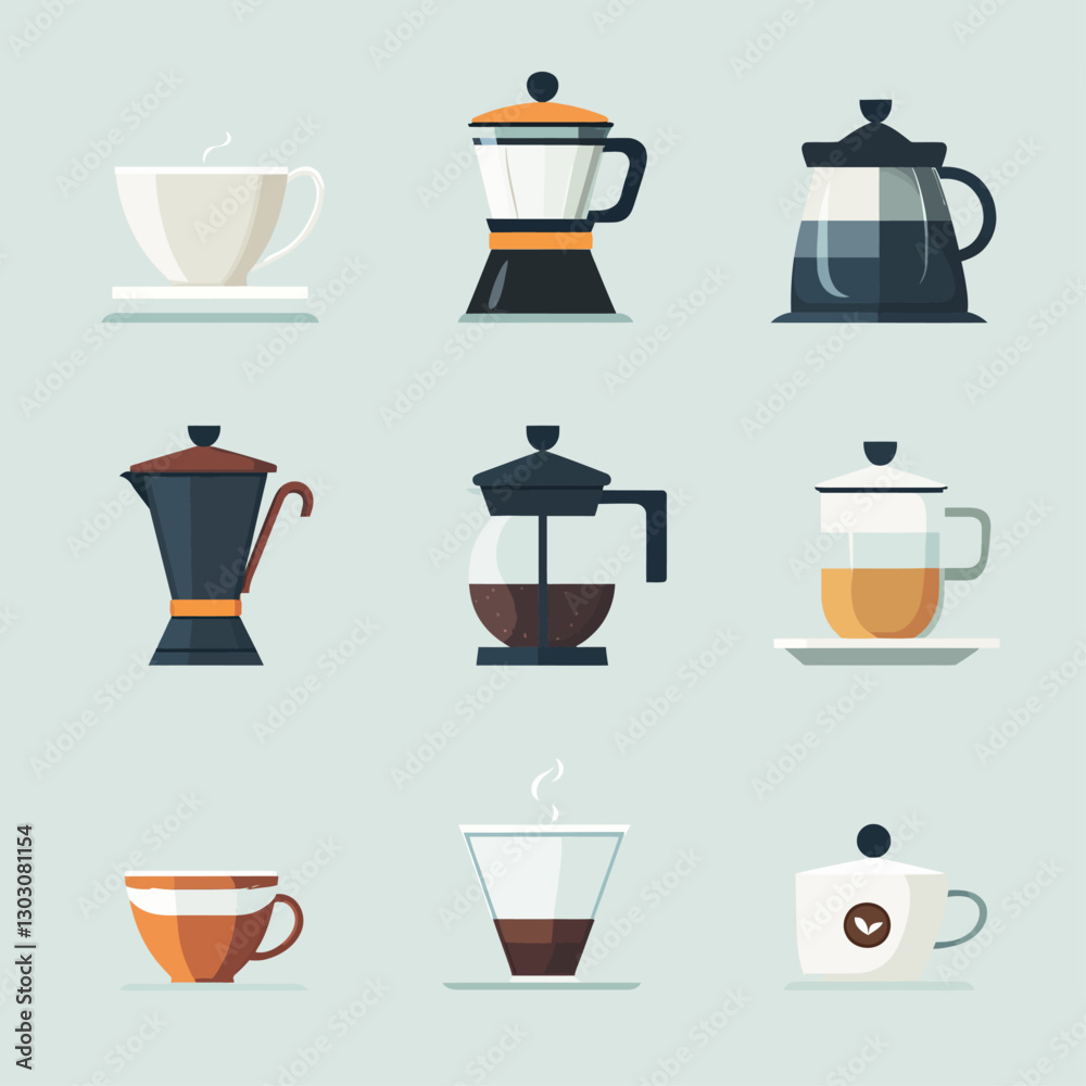 Coffee brewing methods including moka pot, french press, and coffee cups Coffee brewing methods including moka pot, french press, and coffee cups