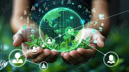 A Green Earth in Hand: A person cradles a digital earth and lush foliage symbolizing global sustainability, innovation and environmental responsibility, creating a visual of our interconnected world.
