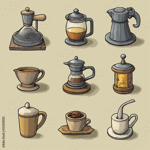 Coffee Still Life, Varied Brewing Styles, Retro Aesthetic, Morning Ritual
