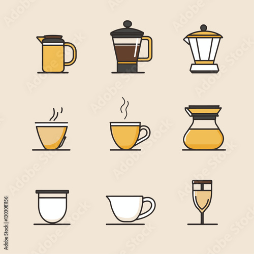 Coffee preparation methods illustration set including cups and pot