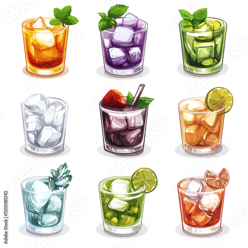 Colorful Cocktail Drinks with Ice Cubes and Fruit Garnish Illustration