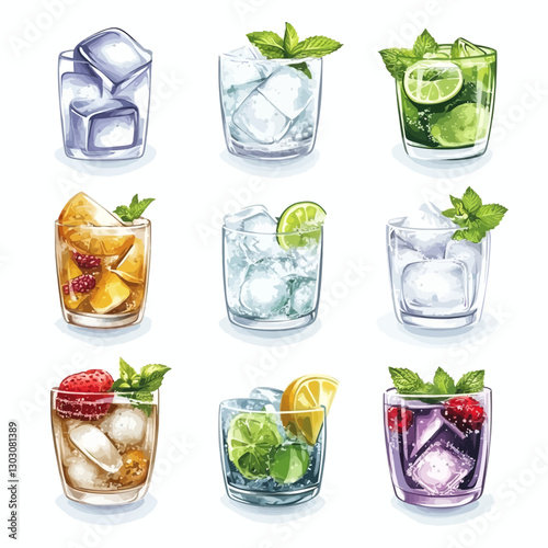 Assorted refreshing cocktails, colorful drinks with fruit and mint garnish