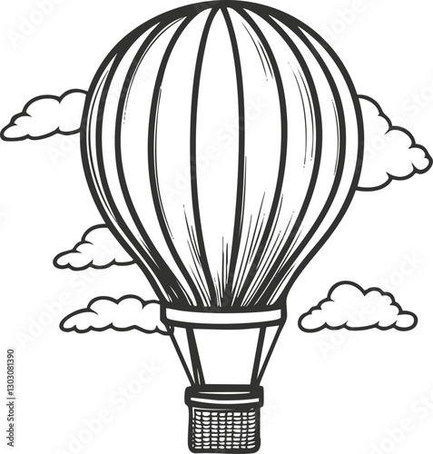 Vintage illustration of a hot air balloon with clouds in the sky.