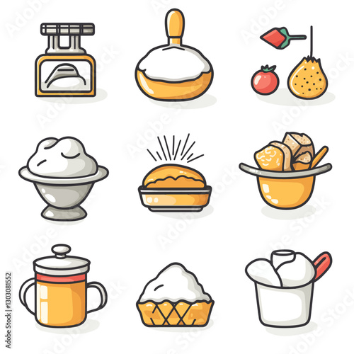 Sweet dessert pastries icon set on white, line art bakery icons, treat