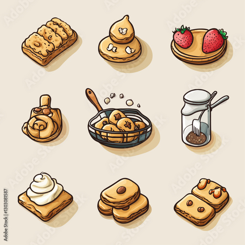 Assorted Pastries and Desserts Illustration with Strawberries and Cookies