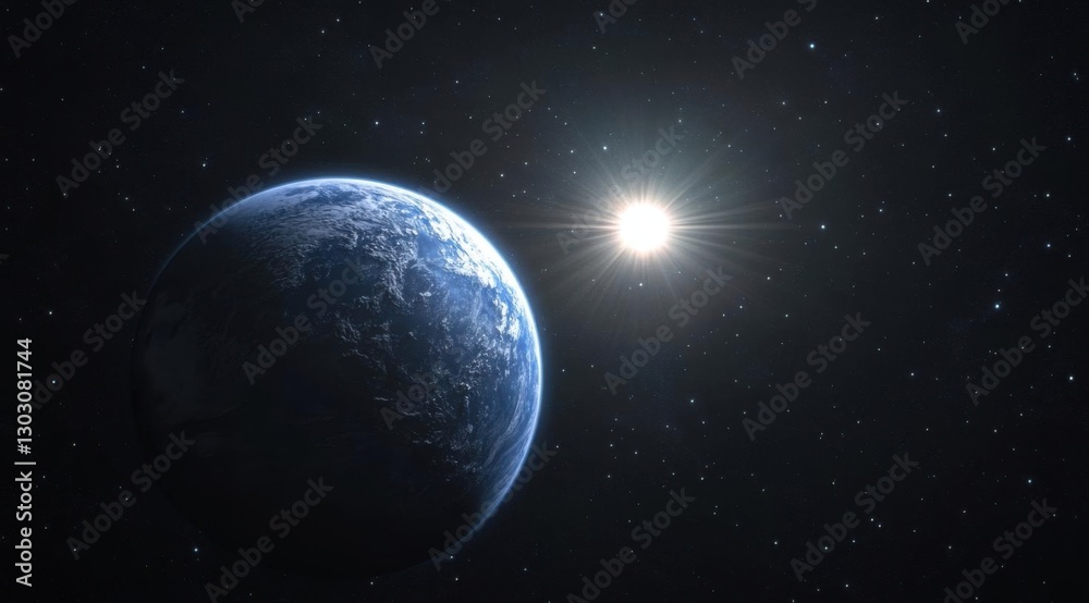Obraz premium Cosmic Dance: The Earth and Sun: A breathtaking view of our planet Earth, bathed in the radiant light of the sun, set against the vast expanse of the universe, revealing the beauty of the cosmos.